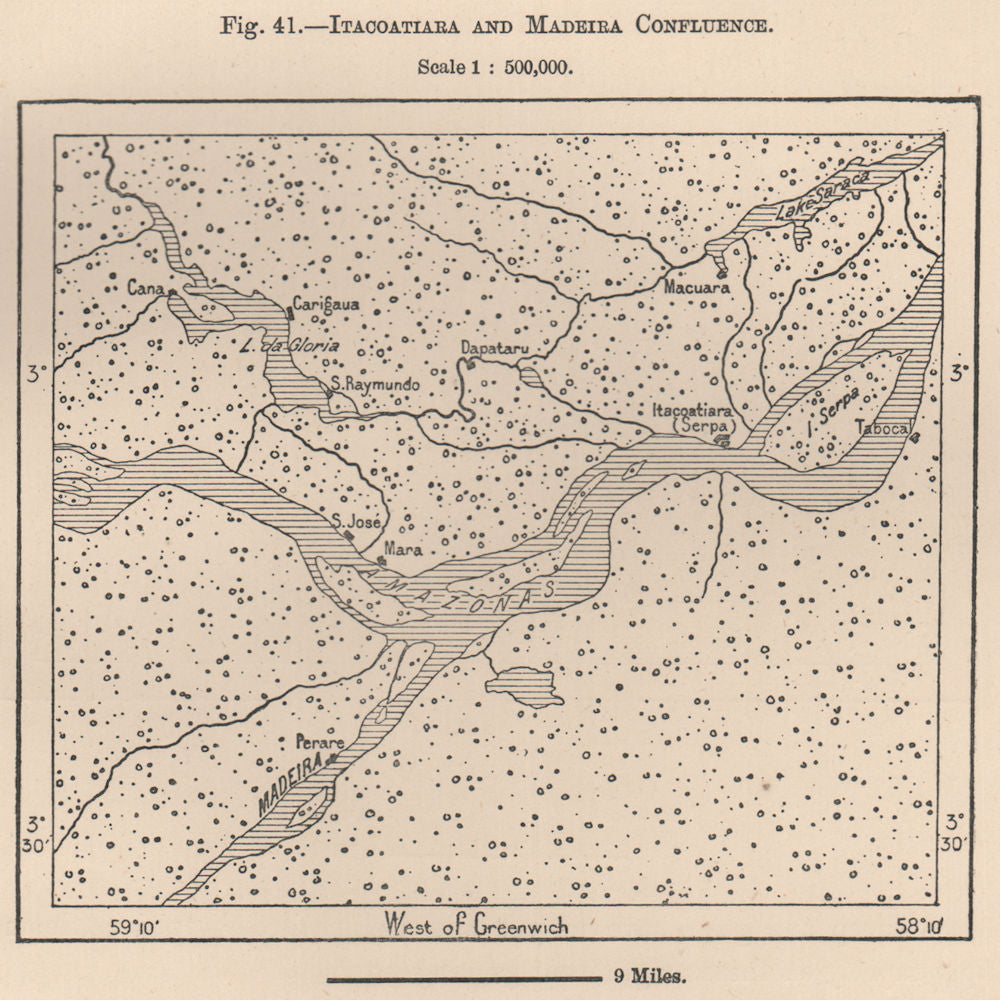 Itacoatiara and Amazon/Madeira confluence. Brazil. Amazonia 1885 old map
